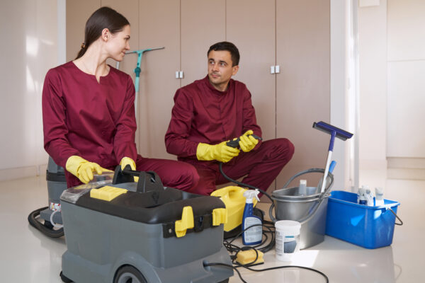 Janitorial staff preparing to clean a hotel